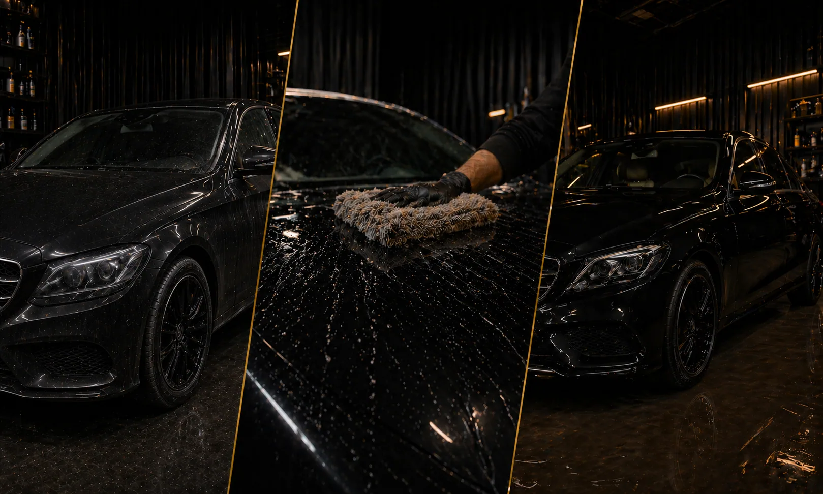 Black sports sedan parked at dusk after a routine maintenance wash